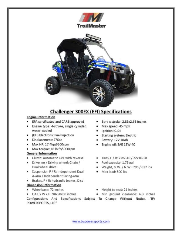 Trailmaster Challenger 300EX EFI UTV / side-by-side All the extras, Push Bar, Wind Shield, Light Bar, Chrome rims, Independent Rear Axels - Image 6