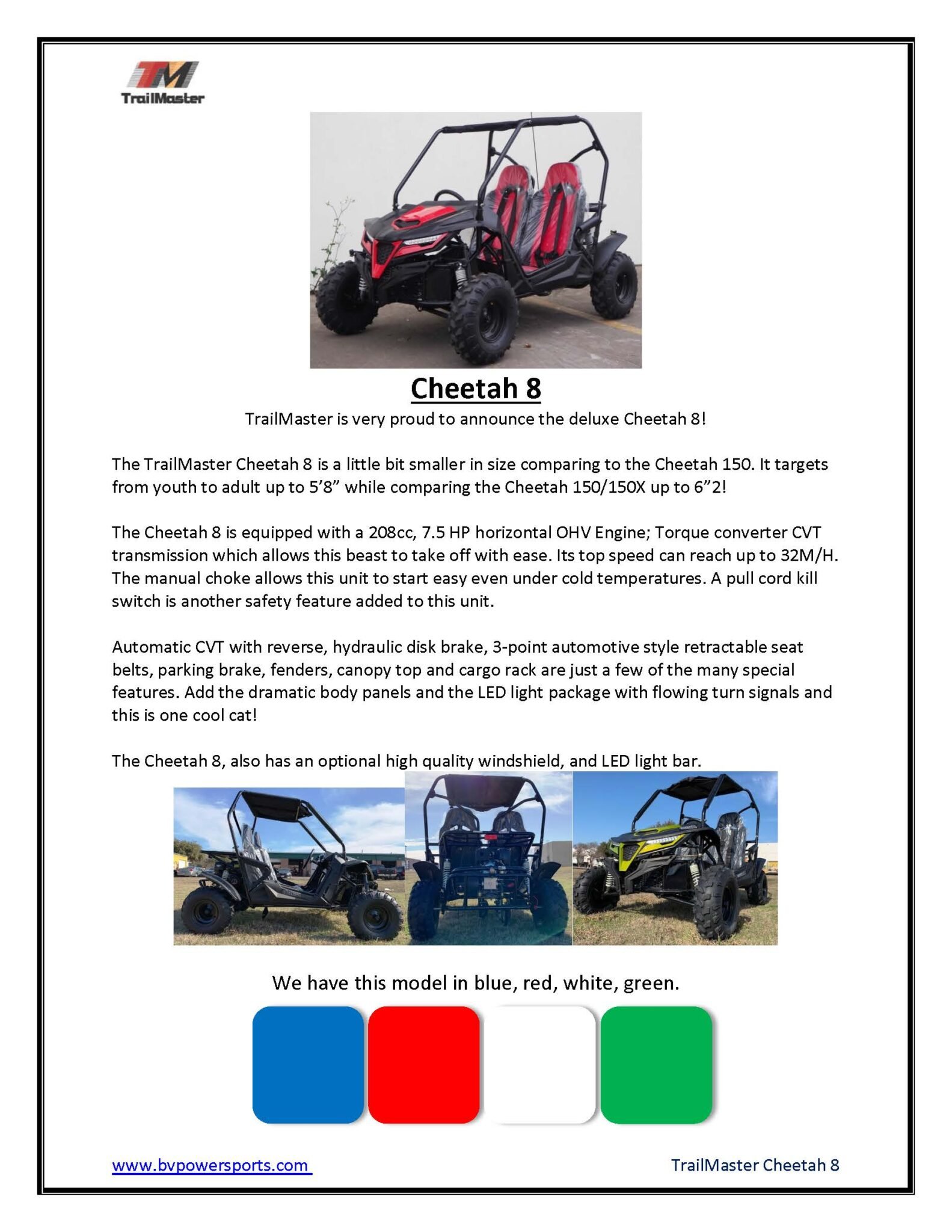 Trailmaster Cheetah 8 Off Road UTV / Go Kart / sidebyside with